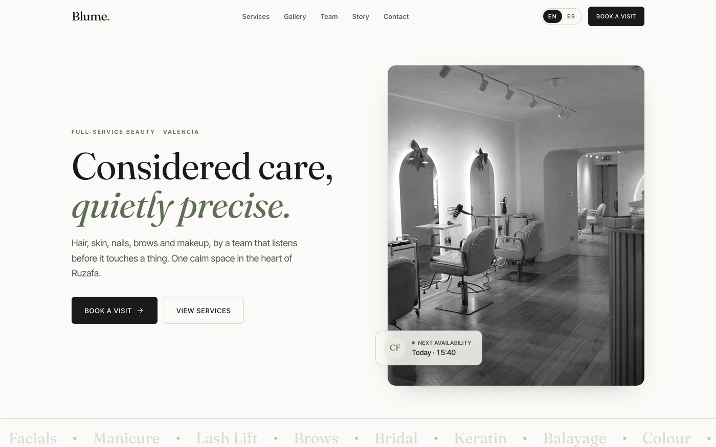 The Blume home page, showing the salon's live next-availability prompt over a studio photo.
