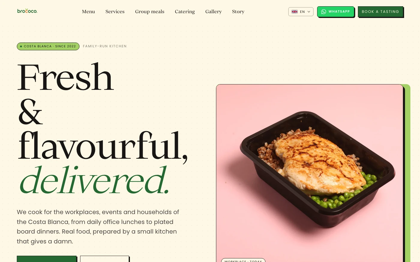 The Brococo home page, showing the corporate catering menu on the Costa Blanca.