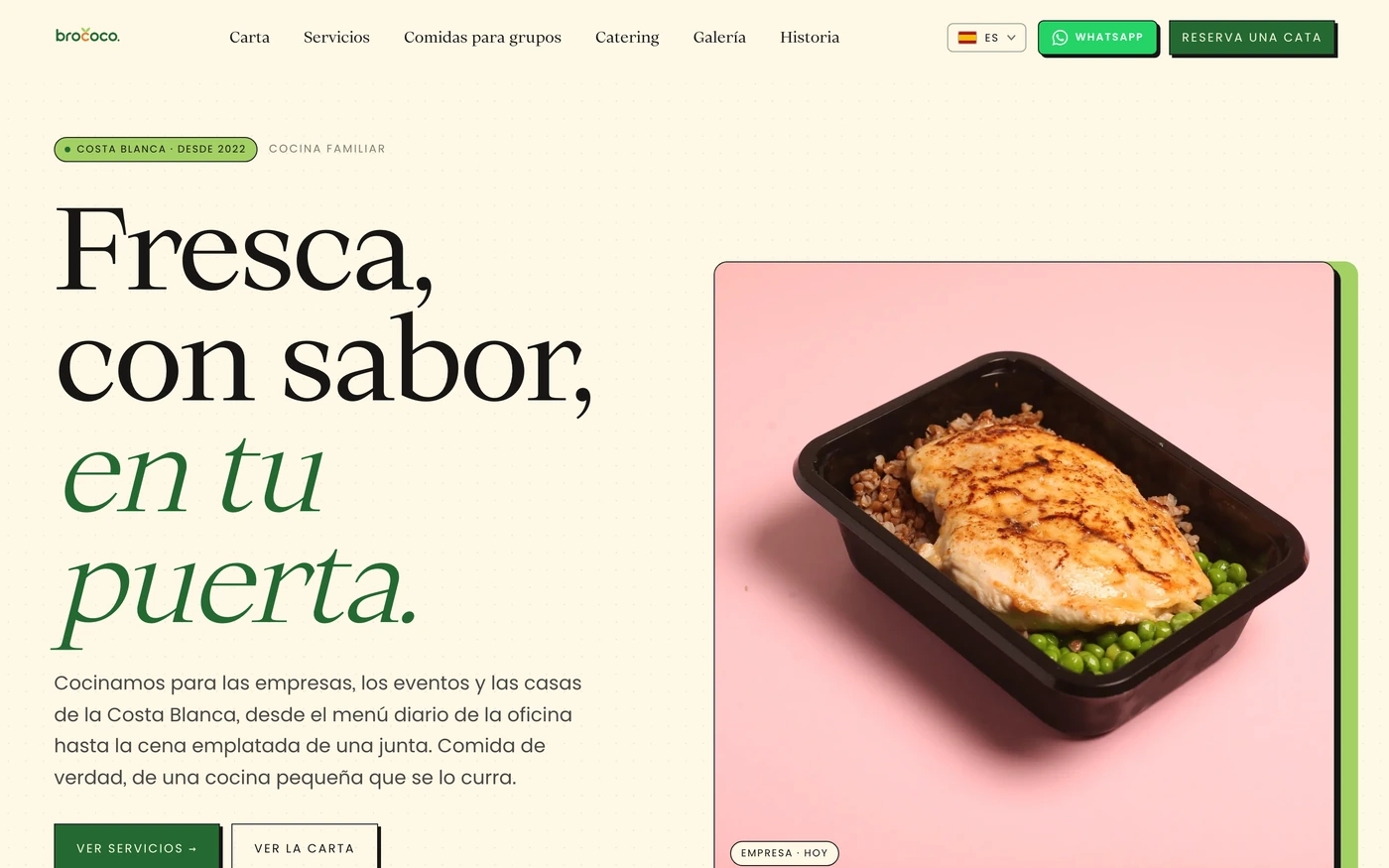 Die Startseite von Brococo mit der Speisekarte für Firmencatering an der Costa Blanca.