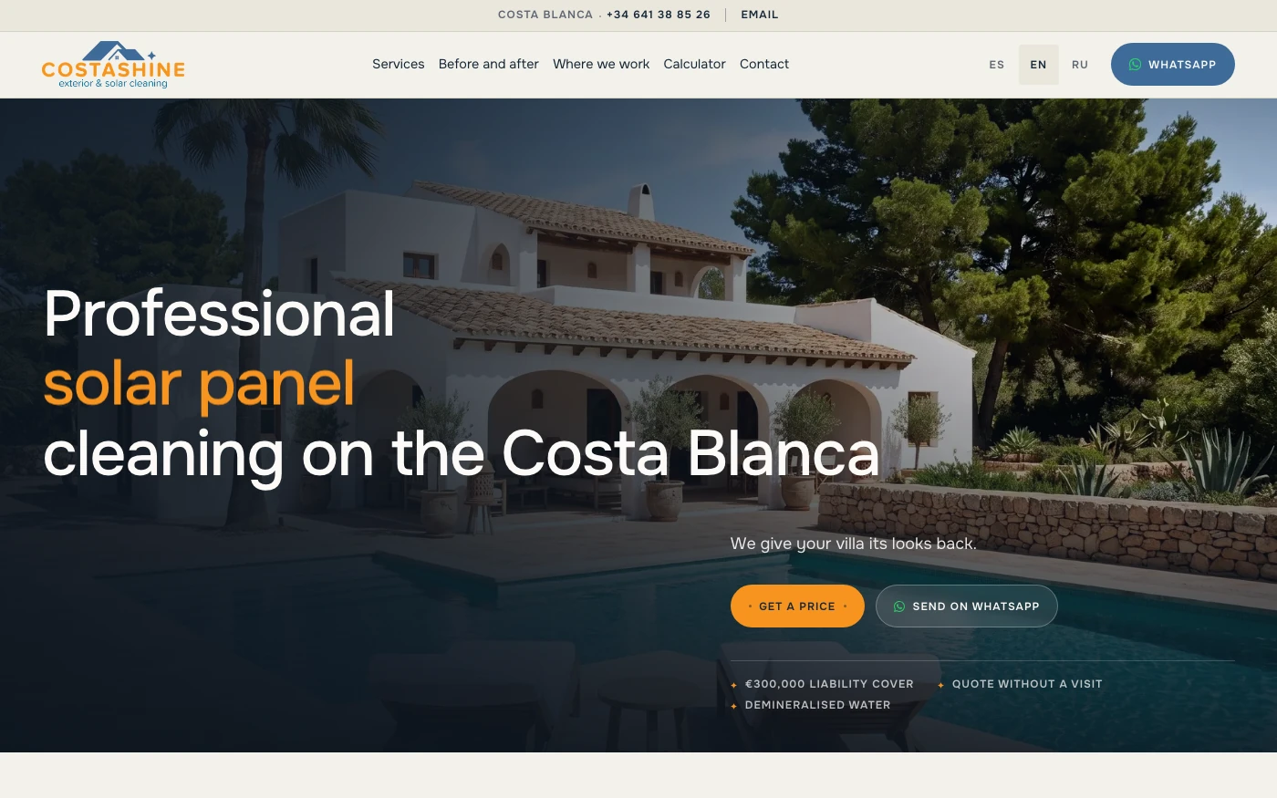 The Costashine home page, showing exterior and solar panel cleaning on the Costa Blanca.