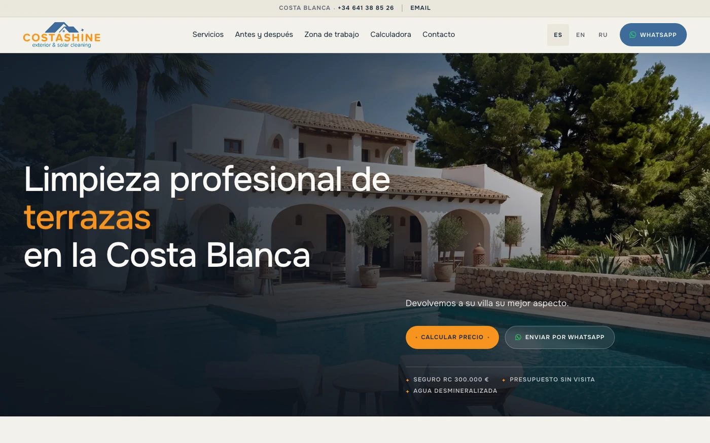 Die Startseite von Costashine mit Außen- und Solarreinigung an der Costa Blanca.